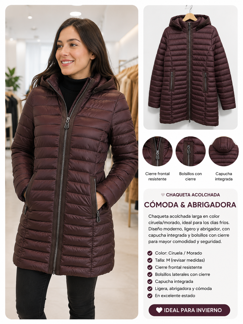 🧥 Chaqueta Acolchada Larga Mujer – Excelente Estado 🧥